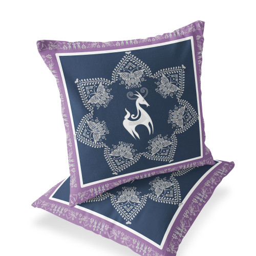Set of Two Blue White And Lavender Horse Indoor Outdoor Throw Pillow
