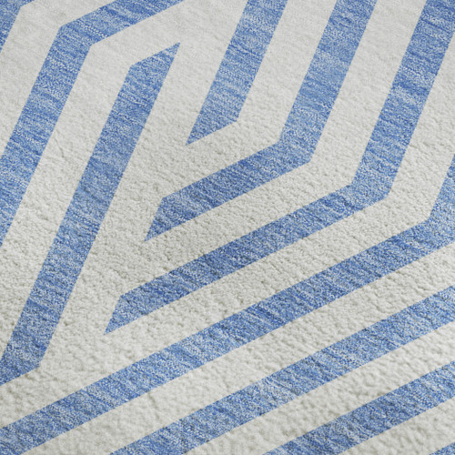 5' X 8' Denim Blue And Ivory Geometric Washable Area Rug With UV Protection