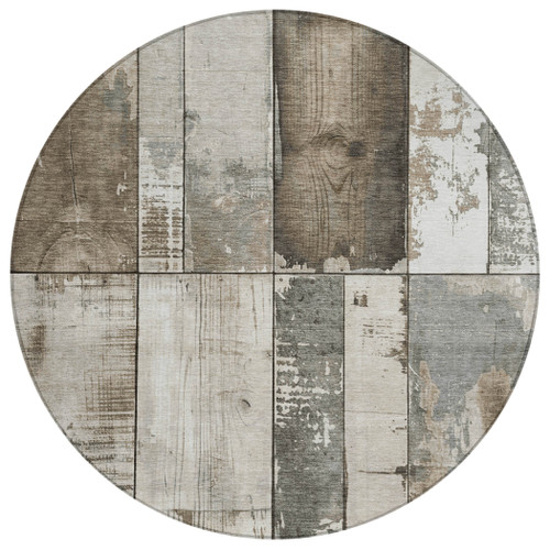 8' Taupe And Gray Round Geometric Washable Indoor Outdoor Area Rug
