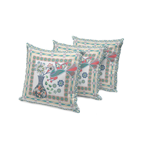Set of Three White Peacock Indoor Outdoor Throw Pillow