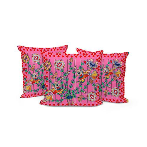 Set of Three Pink And Red Peacock Indoor Outdoor Throw Pillow