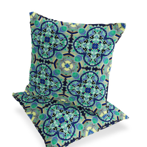 Set of Two Aqua And Indigo Floral Indoor Outdoor Throw Pillow