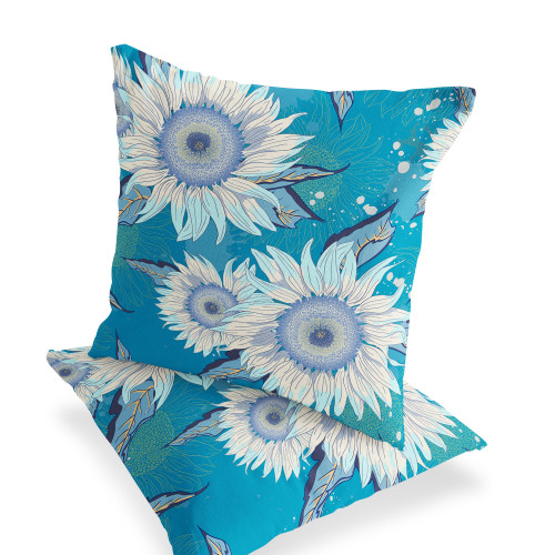 Set of Two Blue And White Sunflower Indoor Outdoor Throw Pillow