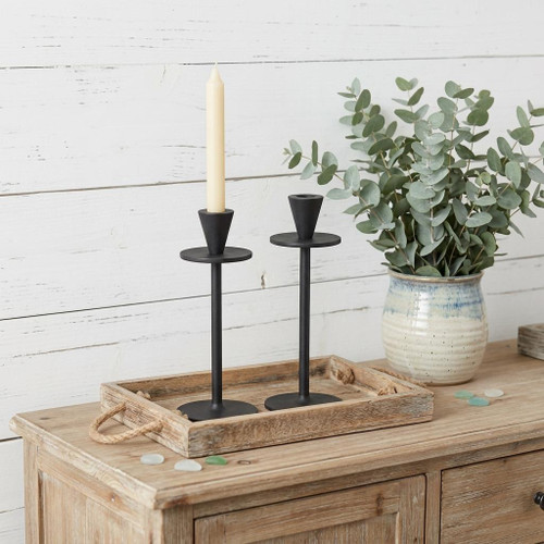 Set of Two Black Metal Floor Taper Candlesticks
