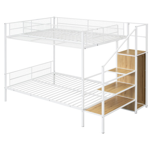 White Twin Over Full Wood And Metal Bunk Bed With Stairs And Storage