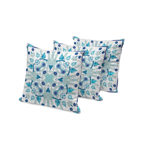 Set of Three Blue Abstract Indoor Outdoor Throw Pillow
