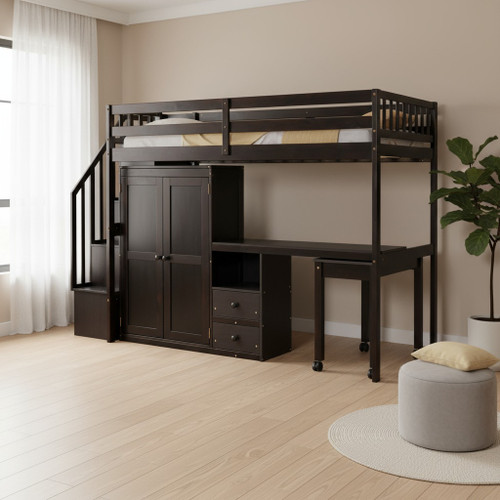 Espresso Slat Wood Twin Loft Bed with Stairs and Desk and Shelves
