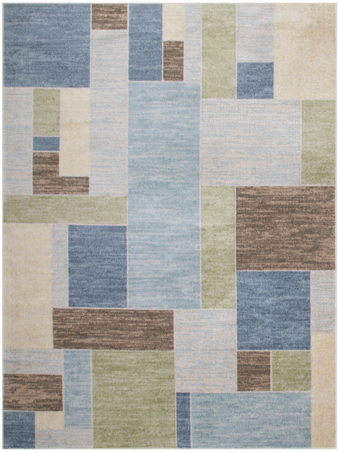 7' X 9' Blue Brown And Tan Geometric Washable Area Rug
