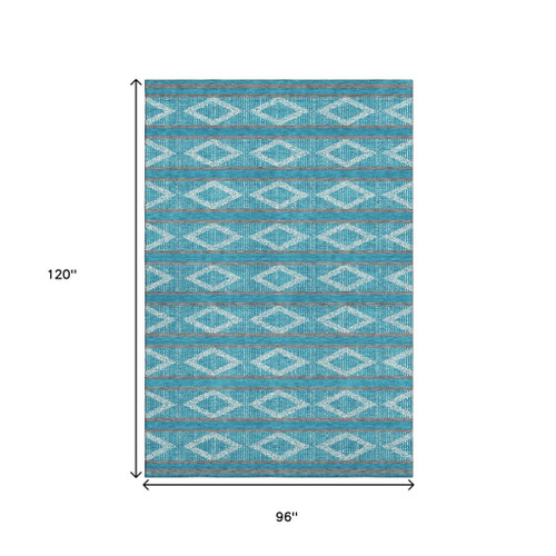 8' X 10' Teal And Ivory Geometric Washable Area Rug With UV Protection