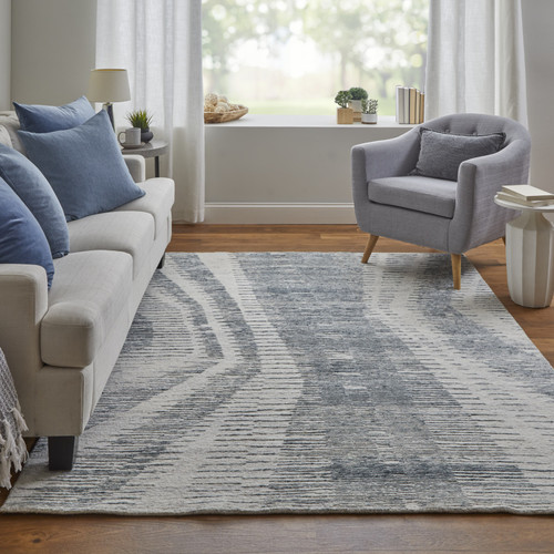 8' X 10' Ivory Gray and Blue Abstract Hand Knotted Worn Faded Area Rug