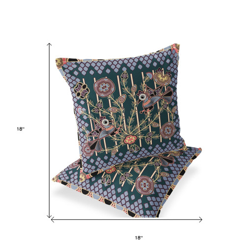Set of Two Dark Green Blue Gray And Pink Peacock Indoor Outdoor Throw Pillow