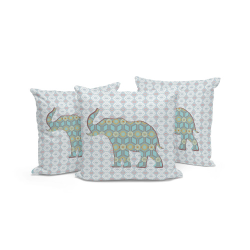 Set of Three Blue And White Elephant Indoor Outdoor Throw Pillow