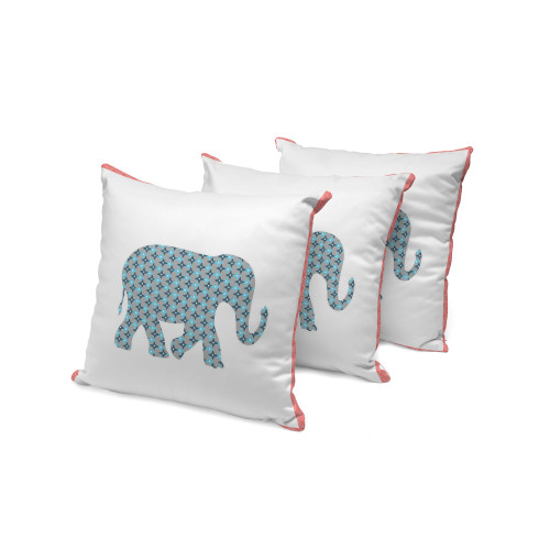 Set of Three Blue Pink And White Elephant Indoor Outdoor Throw Pillow