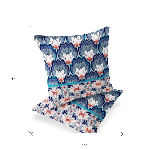 Set of Two Blue And Orange Floral Indoor Outdoor Throw Pillow