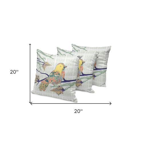 Set of Three Light Green Orange And Yellow Bird Indoor Outdoor Throw Pillow