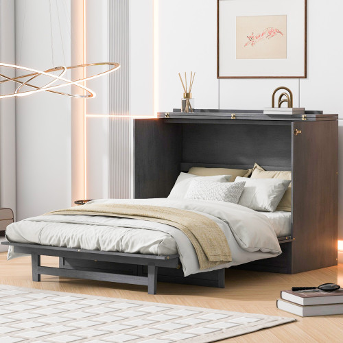 Gray Wood Full Murphy Bed With Drawers