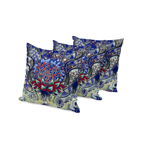 Set of Three Blue Red And Moss Green Sunflower Indoor Outdoor Throw Pillow