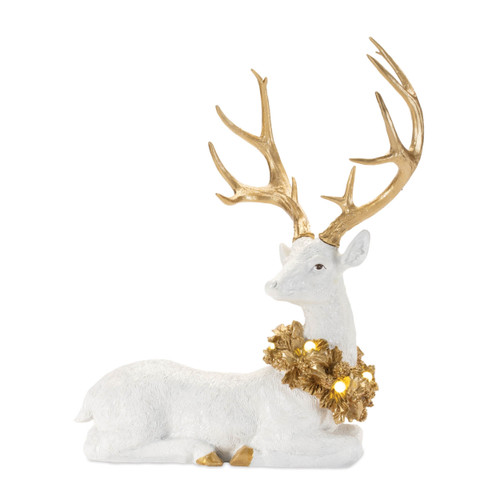 Set of Two White And Gold Polyresin Deer Figurine with LED
