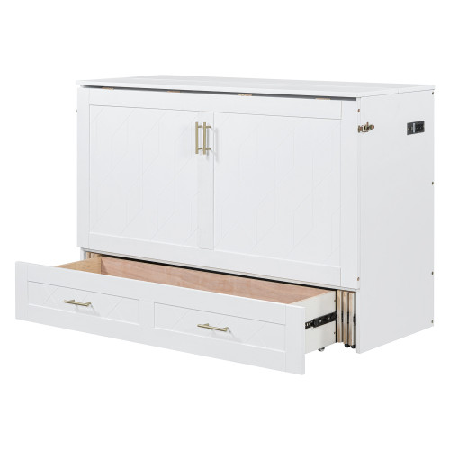 White Wood Full Murphy Bed With USB
