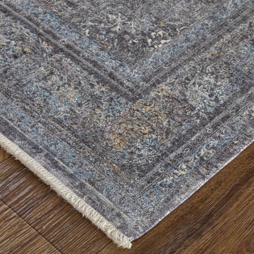 12' X 15' Gray and Silver Oriental Power Loom Worn Faded Area Rug