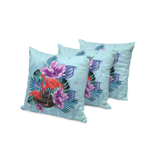Set of Three Blue Purple And Brown Flamingo Floral Indoor Outdoor Throw Pillow