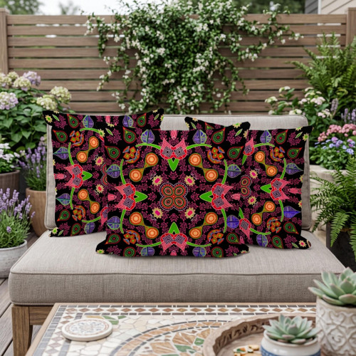 Set of Three Black Gold And Pink Paisley Indoor Outdoor Throw Pillow