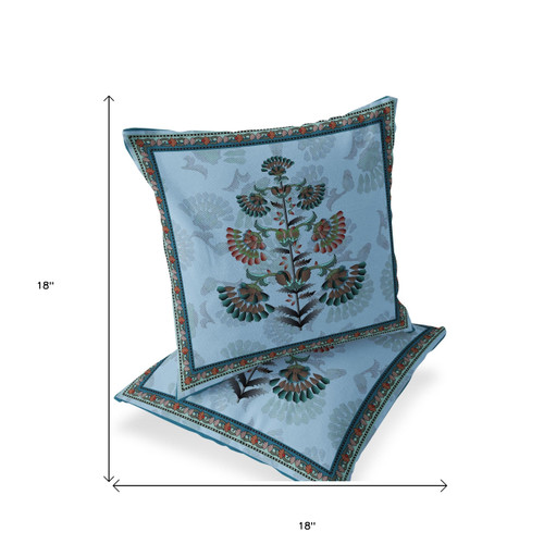 Set of Two Sky Blue And Red Botanical Indoor Outdoor Throw Pillow