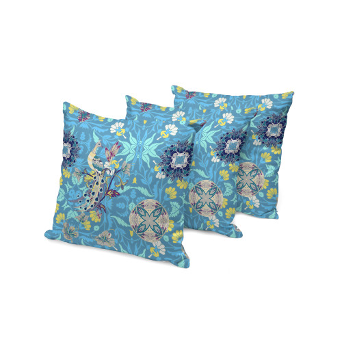 Set of Three Blue And Turquoise Peacock Indoor Outdoor Throw Pillow