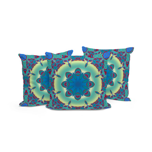 Set of Three Green And Red Geometric Indoor Outdoor Throw Pillow