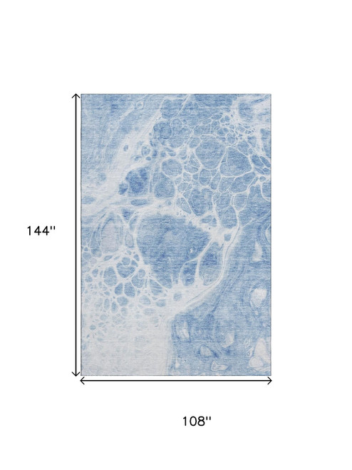9' X 12' Sky Blue And Ivory Abstract Washable Area Rug With UV Protection