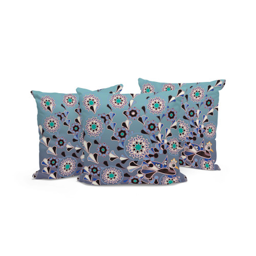 Set of Three Purple Blue And Gray Peacock Floral Indoor Outdoor Throw Pillow