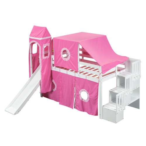 Pink Canopy Solid Wood Twin Loft Bed with Stairs and Slide and Shelves