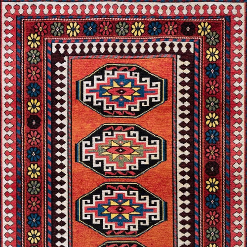 8' X 11' Red And Orange Tribal Washable Area Rug With UV Protection