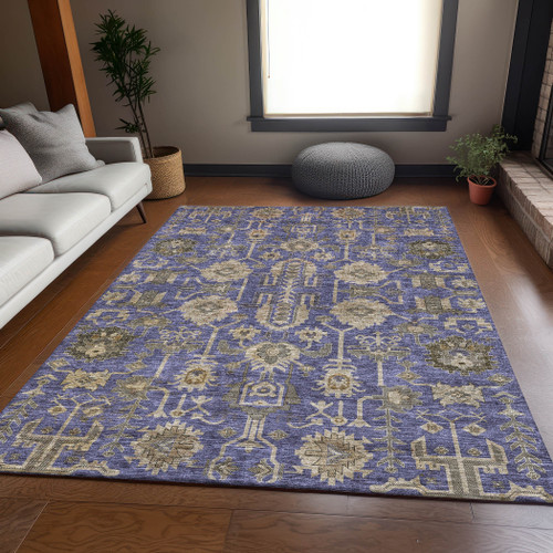 9' X 12' Purple Beige And Charcoal Oriental Washable Area Rug With UV Protection