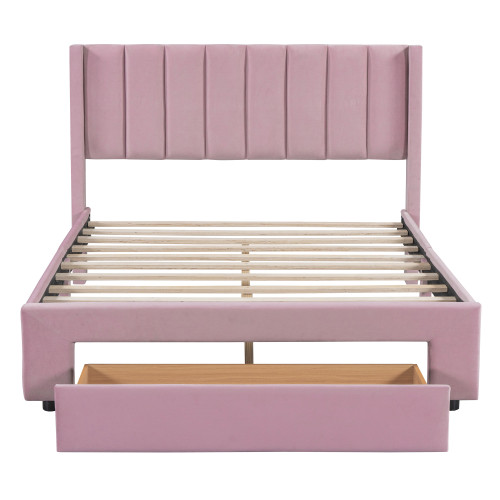 Pink Tufted Velvet Upholstered Full Bed Frame With Drawer