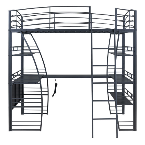 Black Platform Wood Full Double Loft Bed With Desk And Shelve