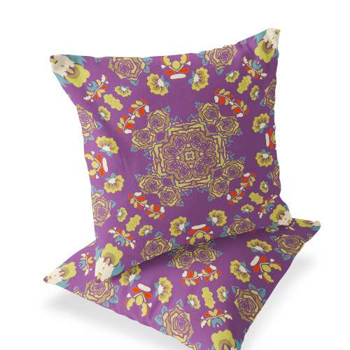 Set of Two Purple And Yellow Botanical Indoor Outdoor Throw Pillow