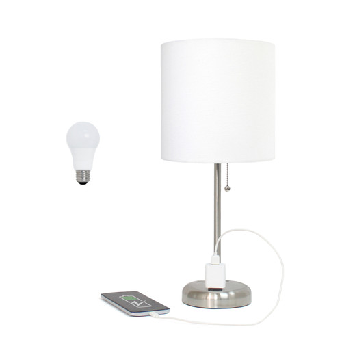 20" Silver Metal Table Lamp LED With White Drum Shade