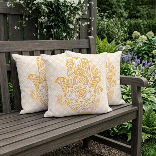 Set of Three Gold And White Hamsa Indoor Outdoor Throw Pillow