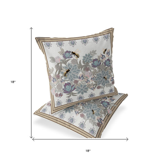 Set of Two Purple Brown And Off White Bee Floral Indoor Outdoor Throw Pillow