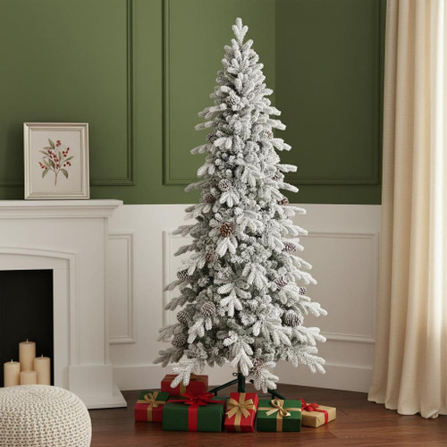 9' White Full Flocked Fir Christmas Tree With Decorations