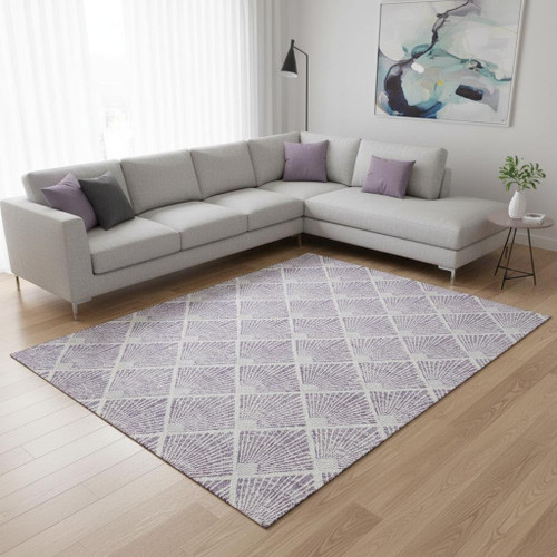 9' X 12' Lavender And Ivory Abstract Geometric Washable Area Rug With UV Protection