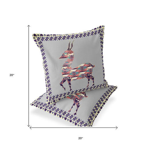 Set of Two Purple And Cream Deer Indoor Outdoor Throw Pillow