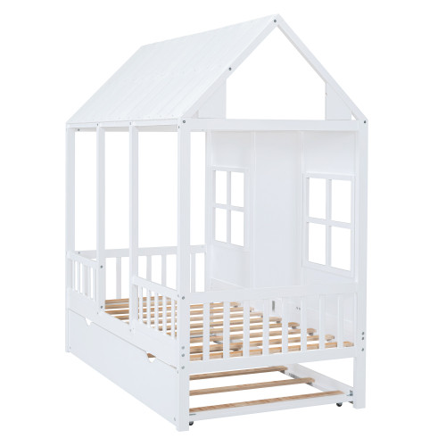 White Wood Twin House Bed With Trundle