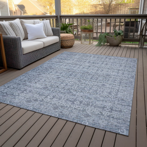 8' X 10' Blue And Ivory Striped Washable Indoor Outdoor Area Rug