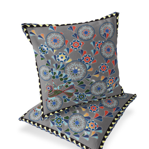 Set of Two Gray Yellow And Red Peacock Floral Indoor Outdoor Throw Pillow