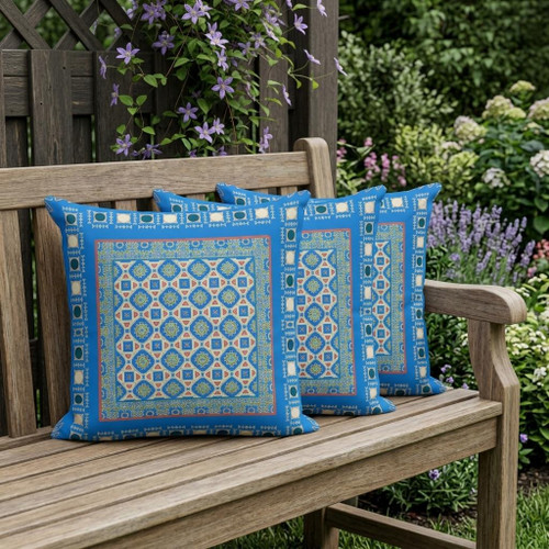 Set of Three Blue And Pink Floral Indoor Outdoor Throw Pillow