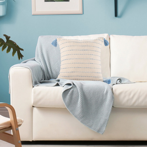 20" Blue And Ivory Striped Cotton Blend Throw Pillow with Fringe