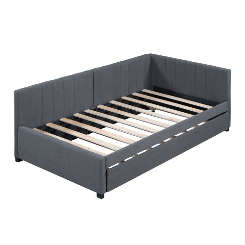 Gray Tufted Linen Upholstered Twin Day Bed With Trundle