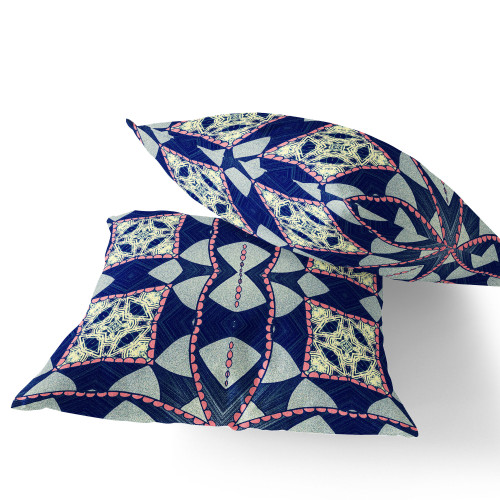 Set of Two Indigo Pink And Cream Abstract Indoor Outdoor Throw Pillow
